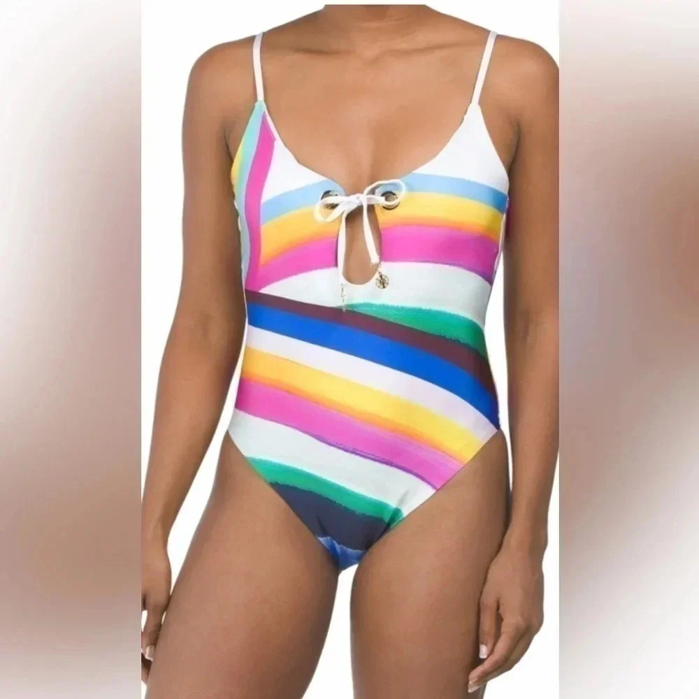 SUNSHINE 79 Rainbow Plunging V - Neck Mai One - Piece Swimsuit Size 10